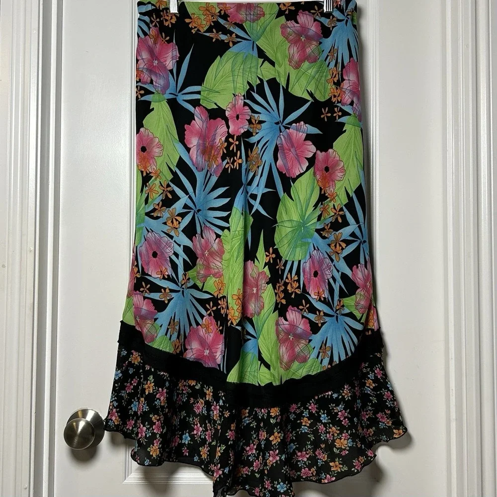 Versailles Colorful Floral Ruffle High Low Midi Skirt Vacation Resort Core Style